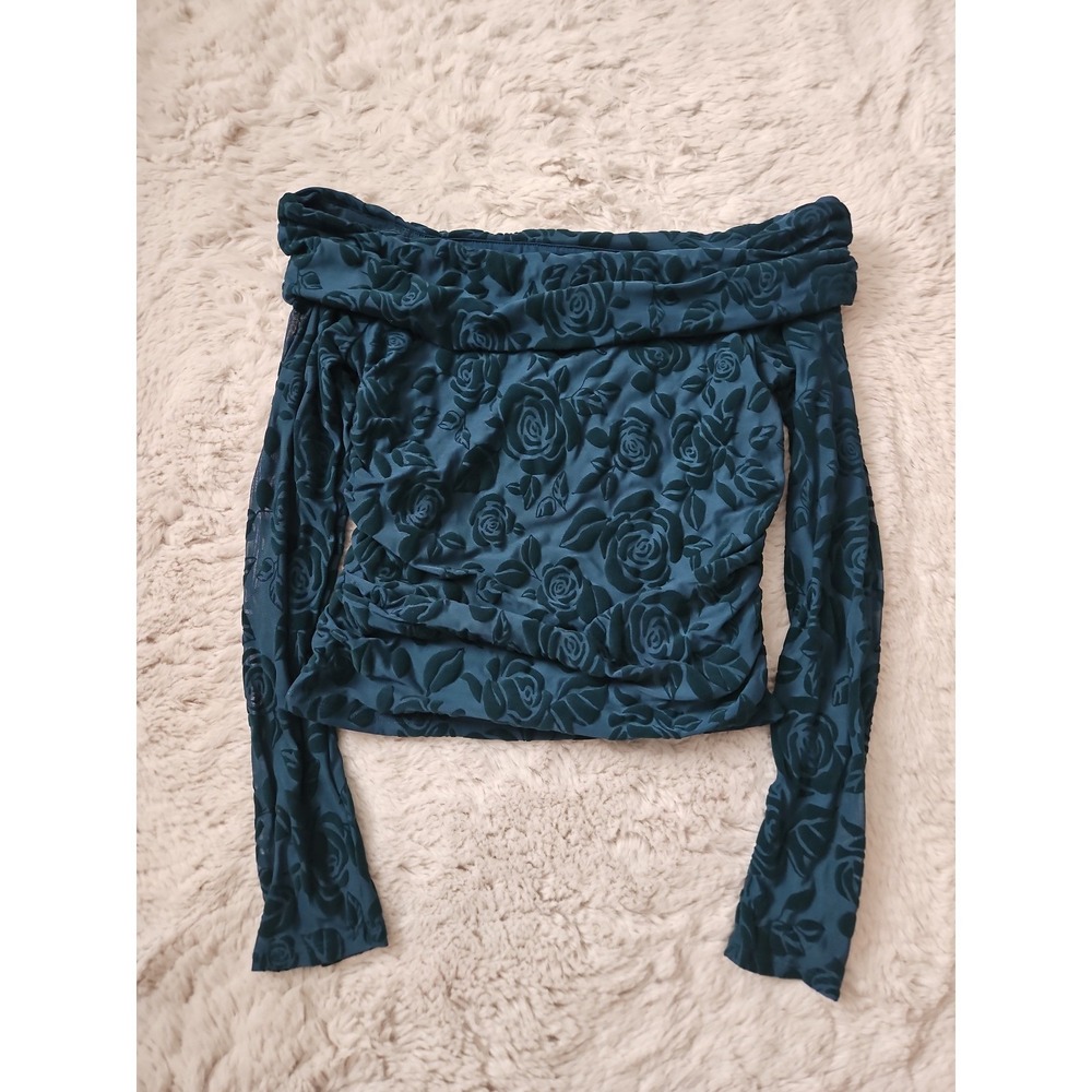 Wild Fable Burnout Velvet Rose Off Shoulder Top Teal Large Y2K Indie - Picture 9 of 12